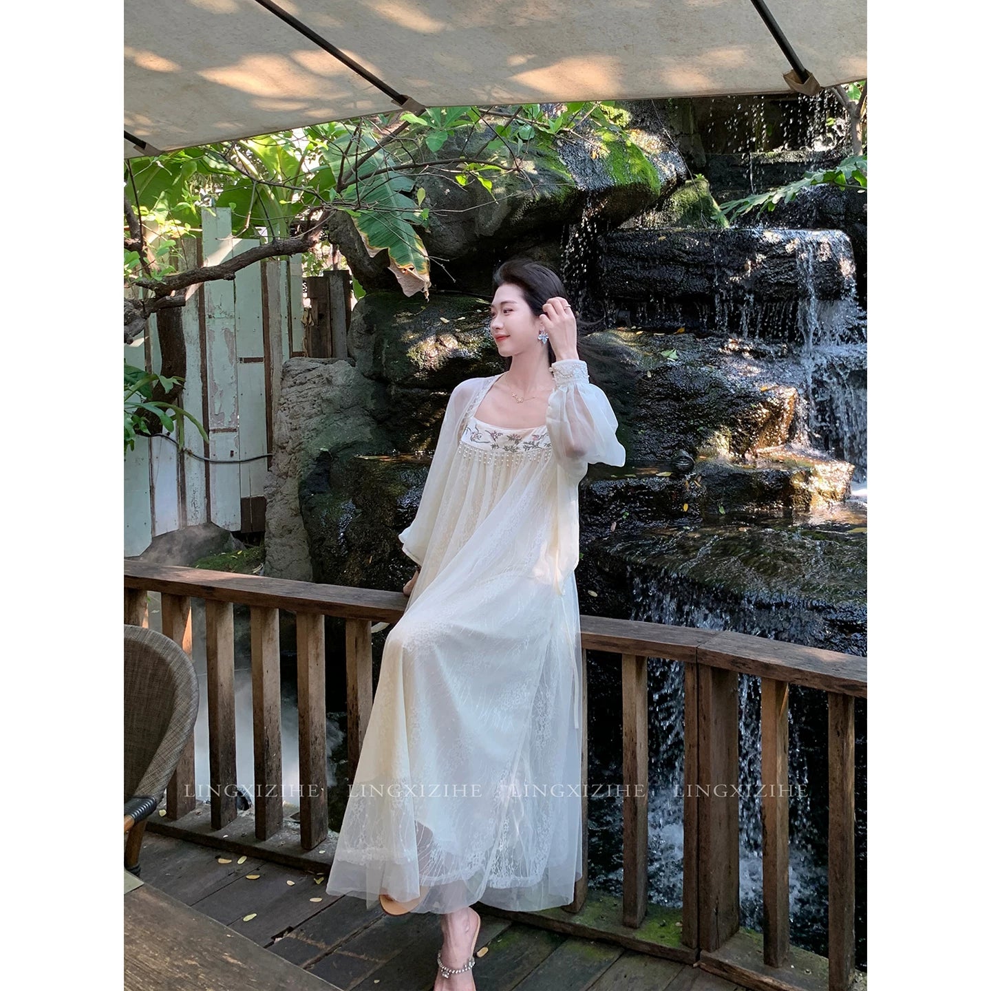 ZIHE New Chinese Mesh Lace Suspender Skirt Set