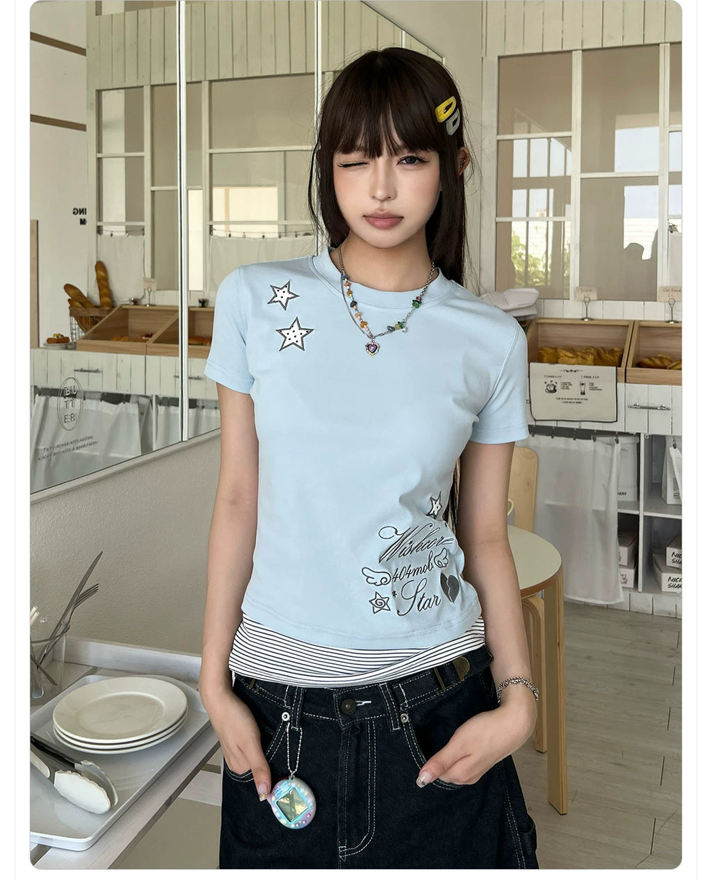 404MOB Crew Neck Striped Embroidered Slim Tee