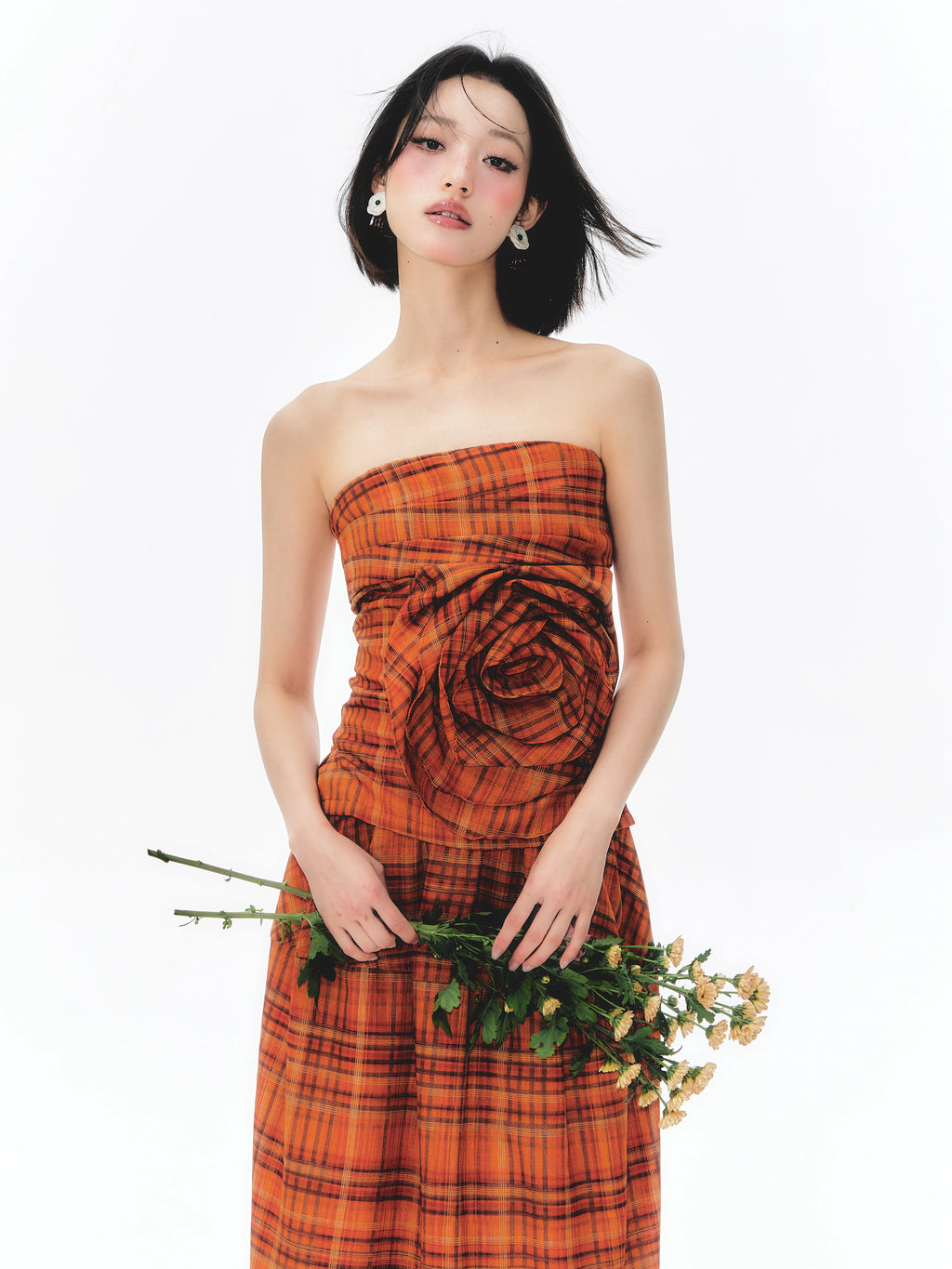 YEDM Retro Plaid Three-dimensional Rose Tube Top Set