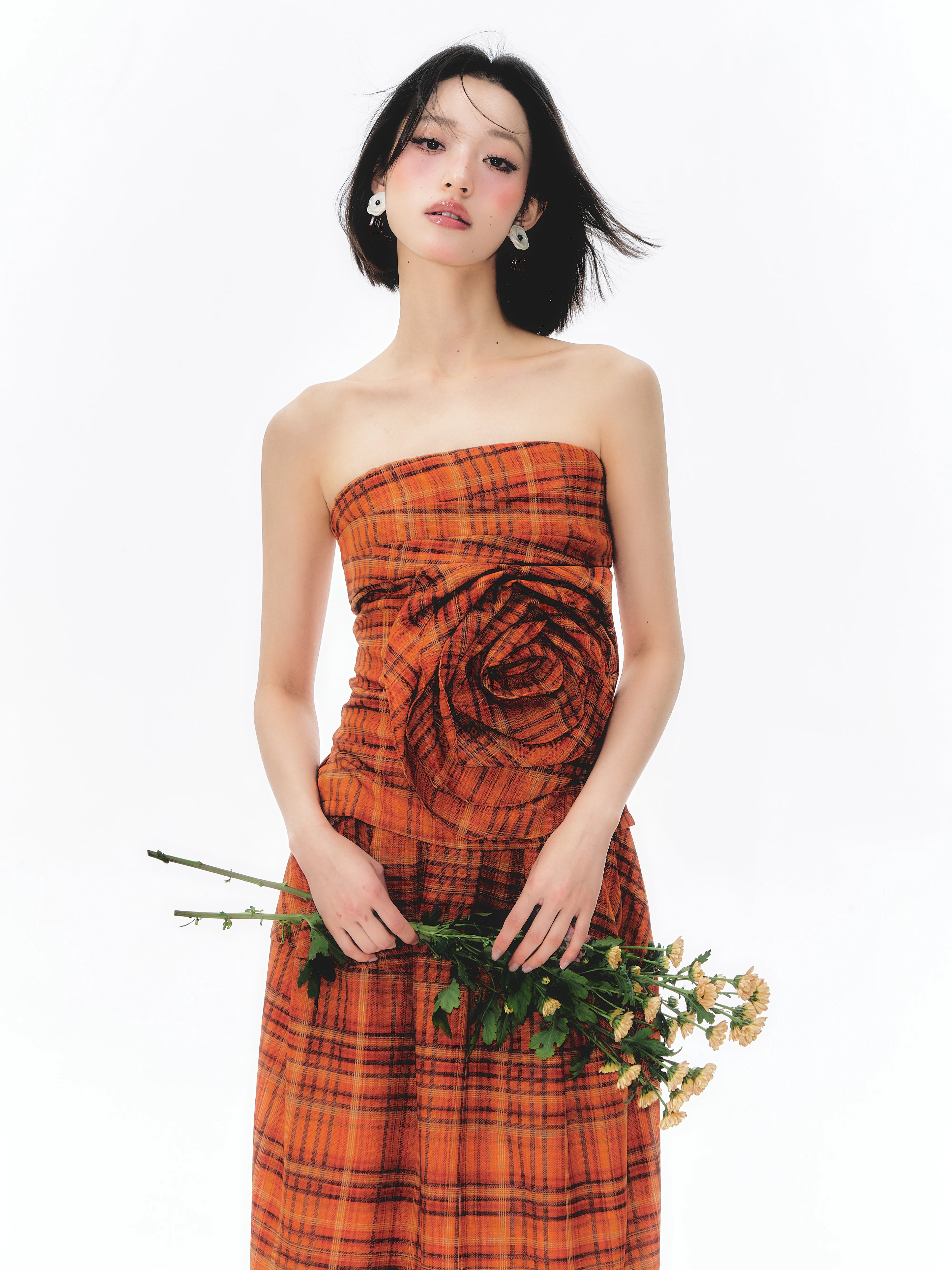 YEDM Retro Plaid Three-dimensional Rose Tube Top Set