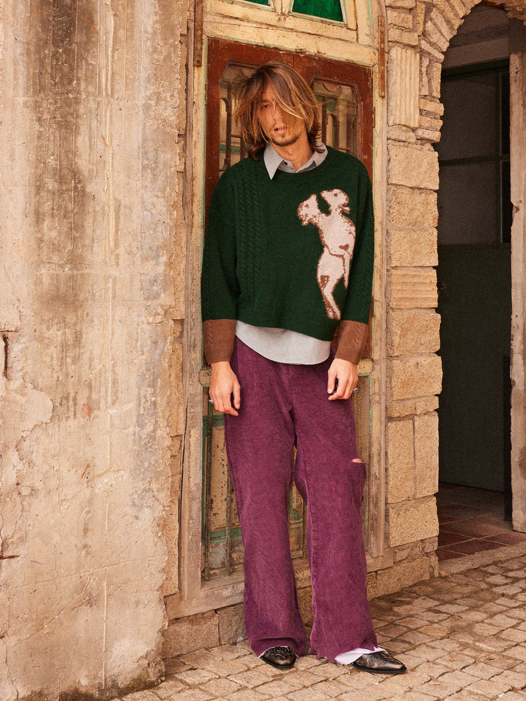 RICHILL Forest Green One-Piece Sheep Print Crew Neck Sweater