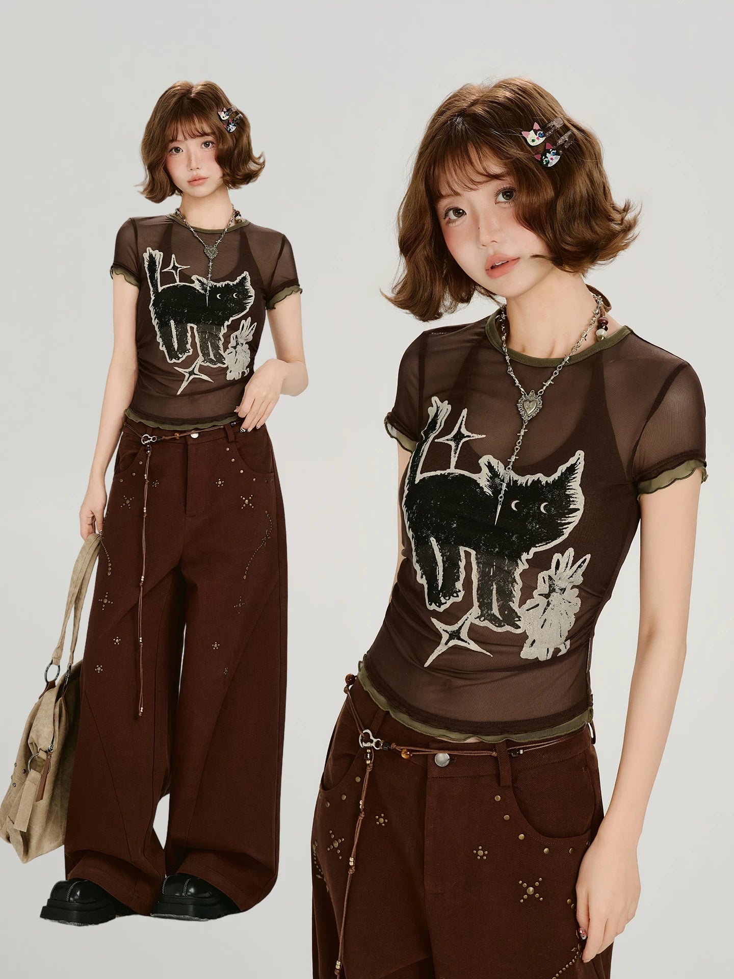 Girlyhalo Vintage Contrast Splicing Mesh Tee