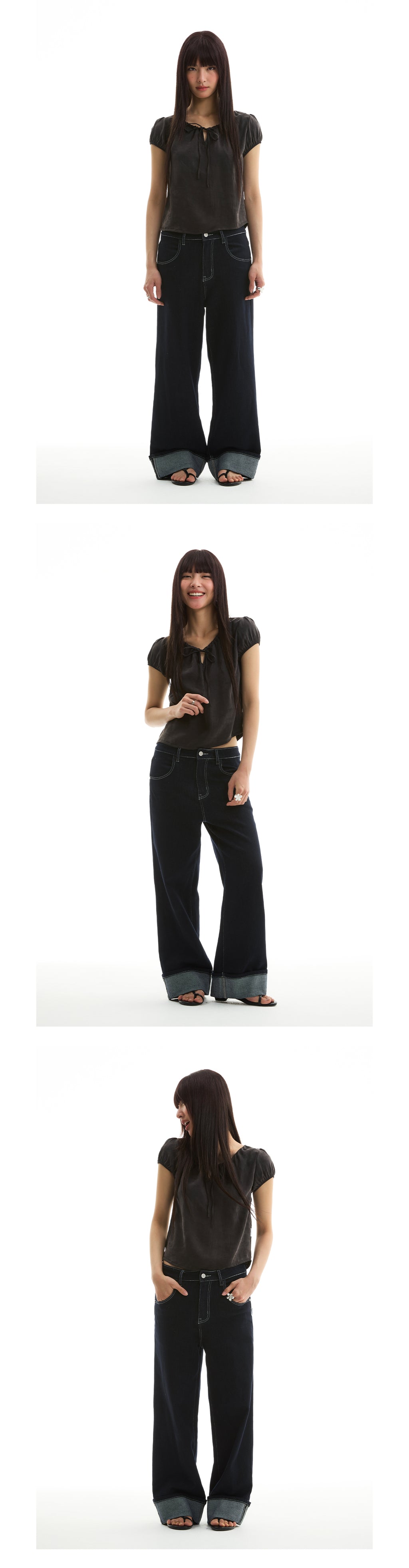 FUNKYFUN 2025SS fold-up pants micro-elastic primary color blue straight jeans