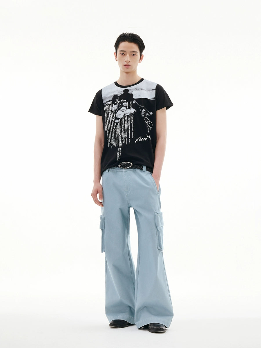 FUNKYFUN Full Print Portrait Slogan Front Shoulder Tee