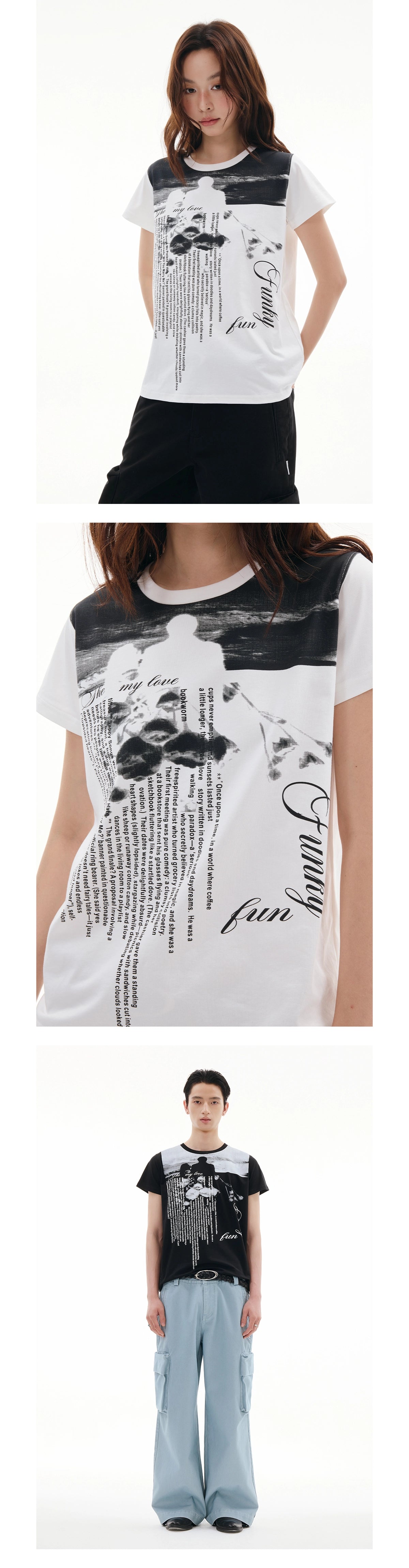 FUNKYFUN Full Print Portrait Slogan Front Shoulder Tee