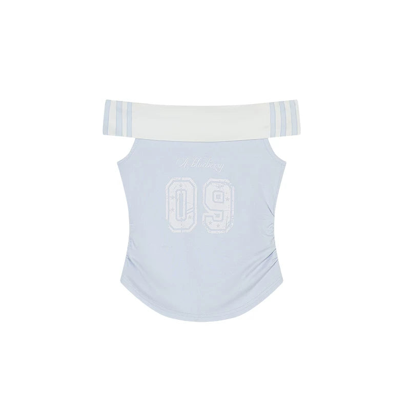 Ablueberry One-word Shoulder Waist Thin Short Tee
