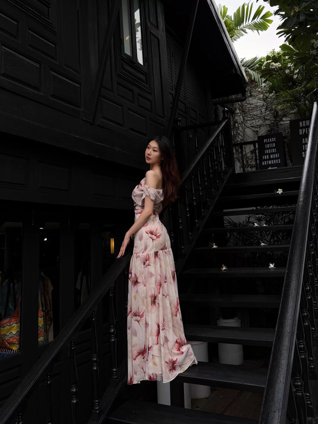 1S Diagonal Neck Off-the-shoulder Floral Dress