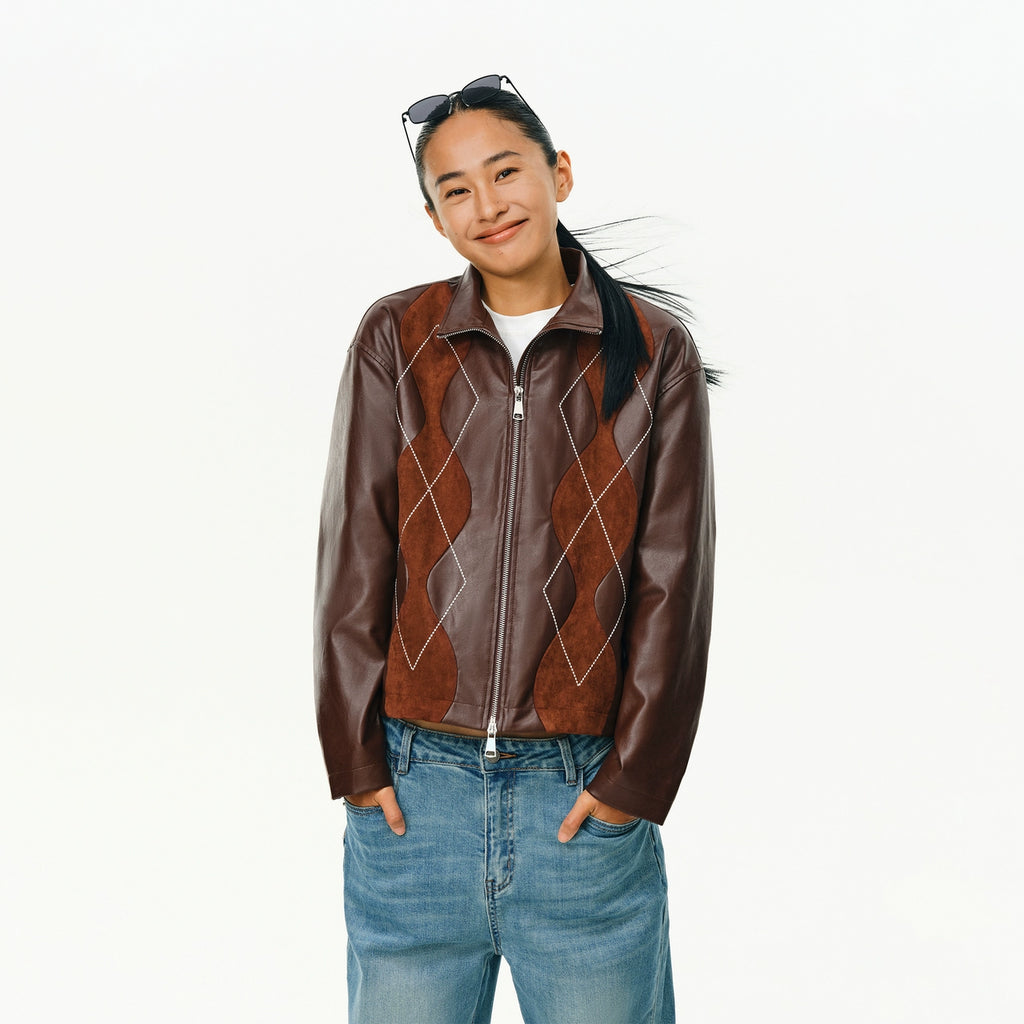 ATRY Retro Ruffian Handsome Rhombus Stitched Suede PU Locomotive Jacket