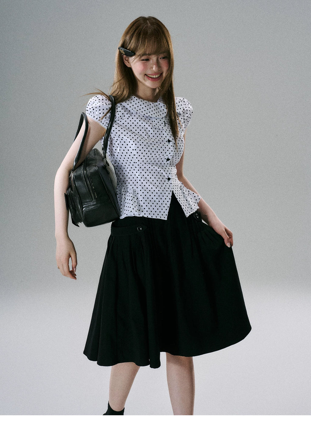 LOST FOREST Asymmetrical Lotus Leaf Polka Dot Shirt Tee