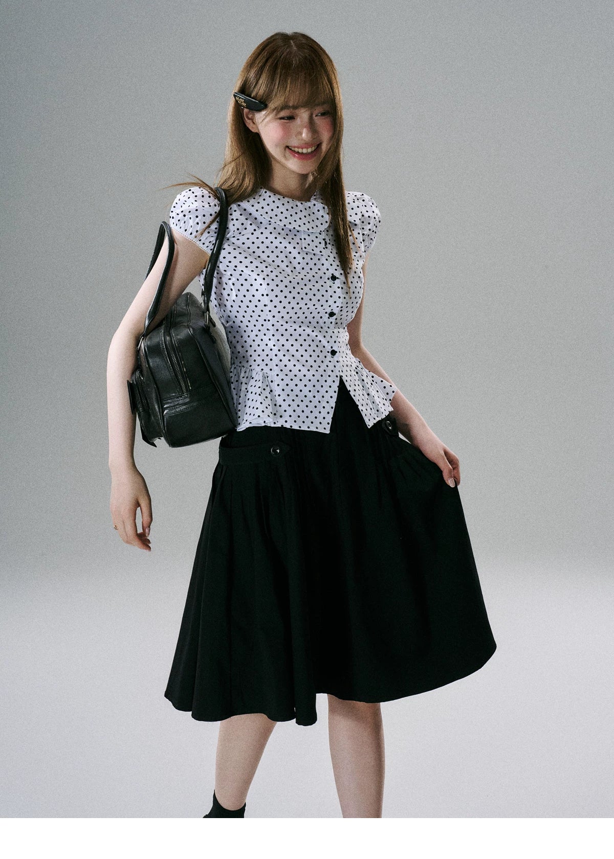 LOST FOREST Asymmetrical Lotus Leaf Polka Dot Shirt Tee
