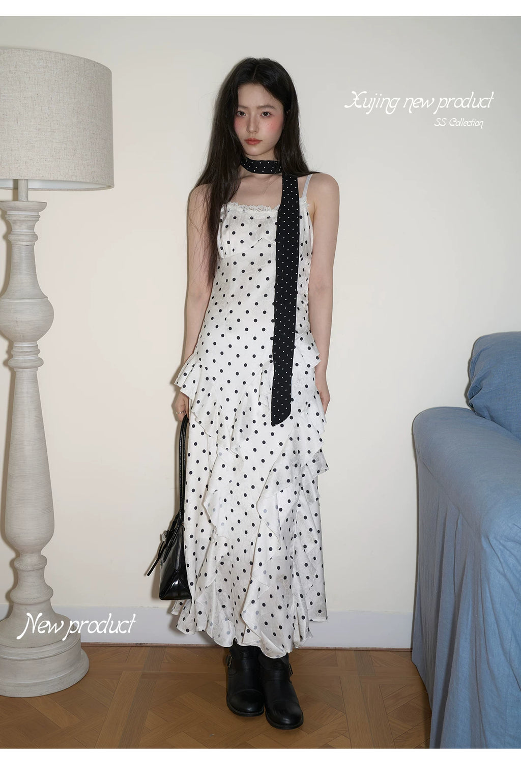 XUJING Polka Dot Ruffle Edge Waist Suspender Dress