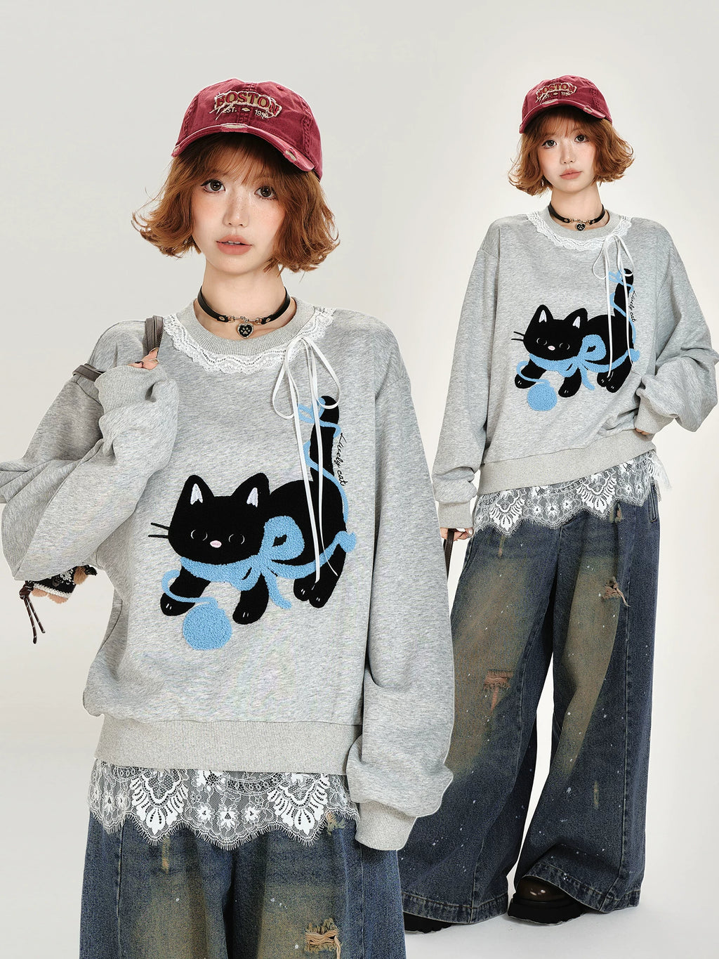 Girlyhalo Retro Hem Lace Pullover Round Neck Sweatshirt