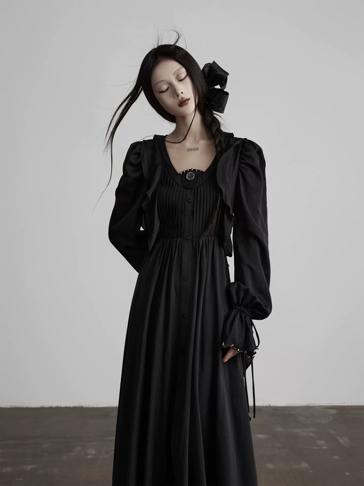INDULGE Square Neck Waist Long Sleeve Dress