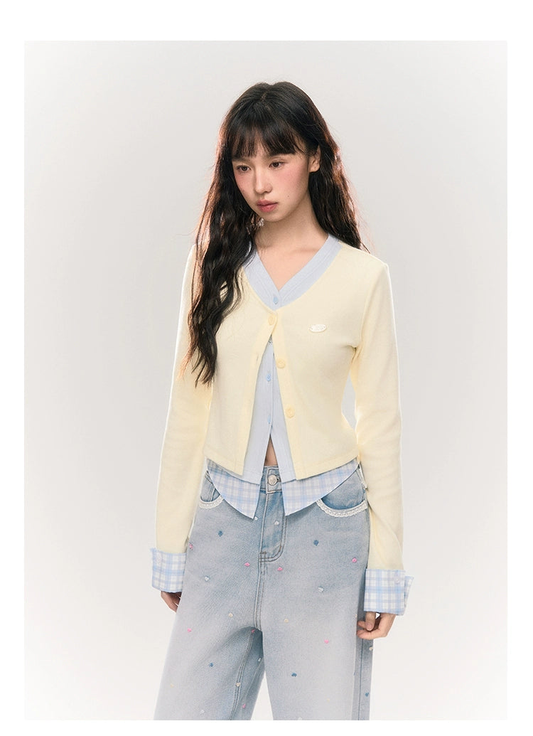 Umoumo Fake Three-piece Knitted Spliced Slim-fit Cardigan
