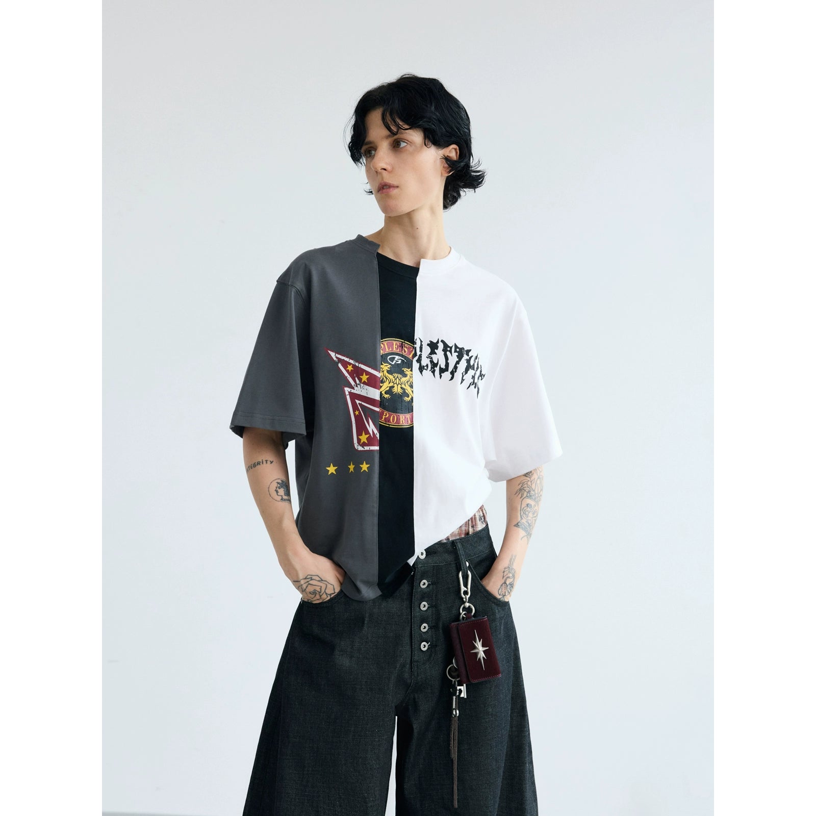 PEOPLESENSE Vintage Irregular Contrast Splicing Printed Tee