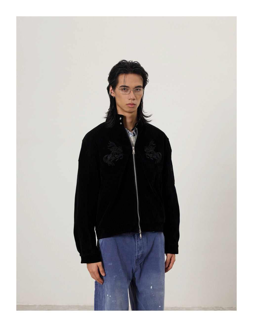 BTSG Vintage Embroidered Suede Stand-Up Jacket