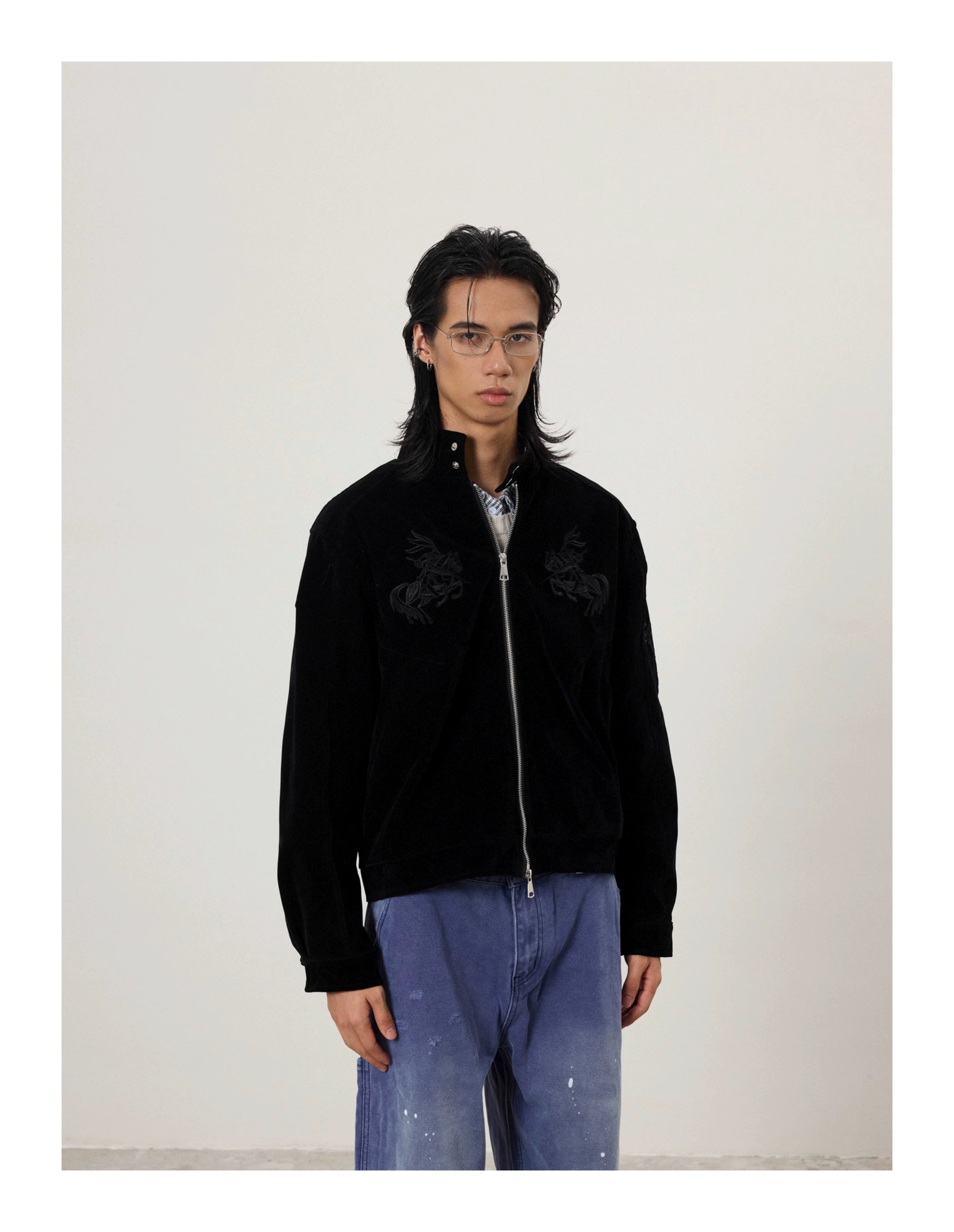 BTSG Vintage Embroidered Suede Stand-Up Jacket