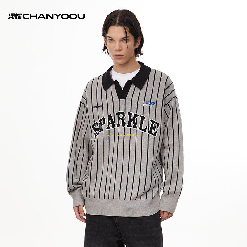 CHANYOOU Vintage Polo Neck Striped Knitted Sweater