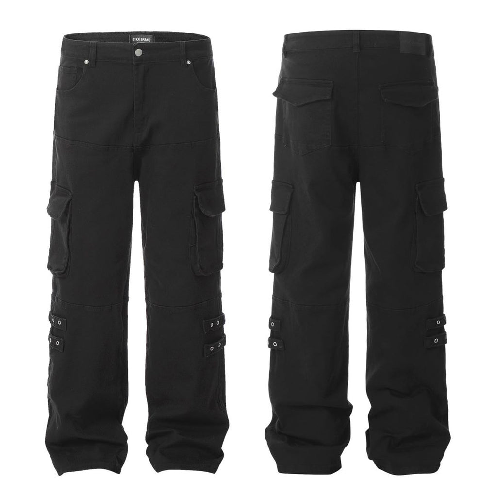 11KN black straight strap loose wide-leg pants