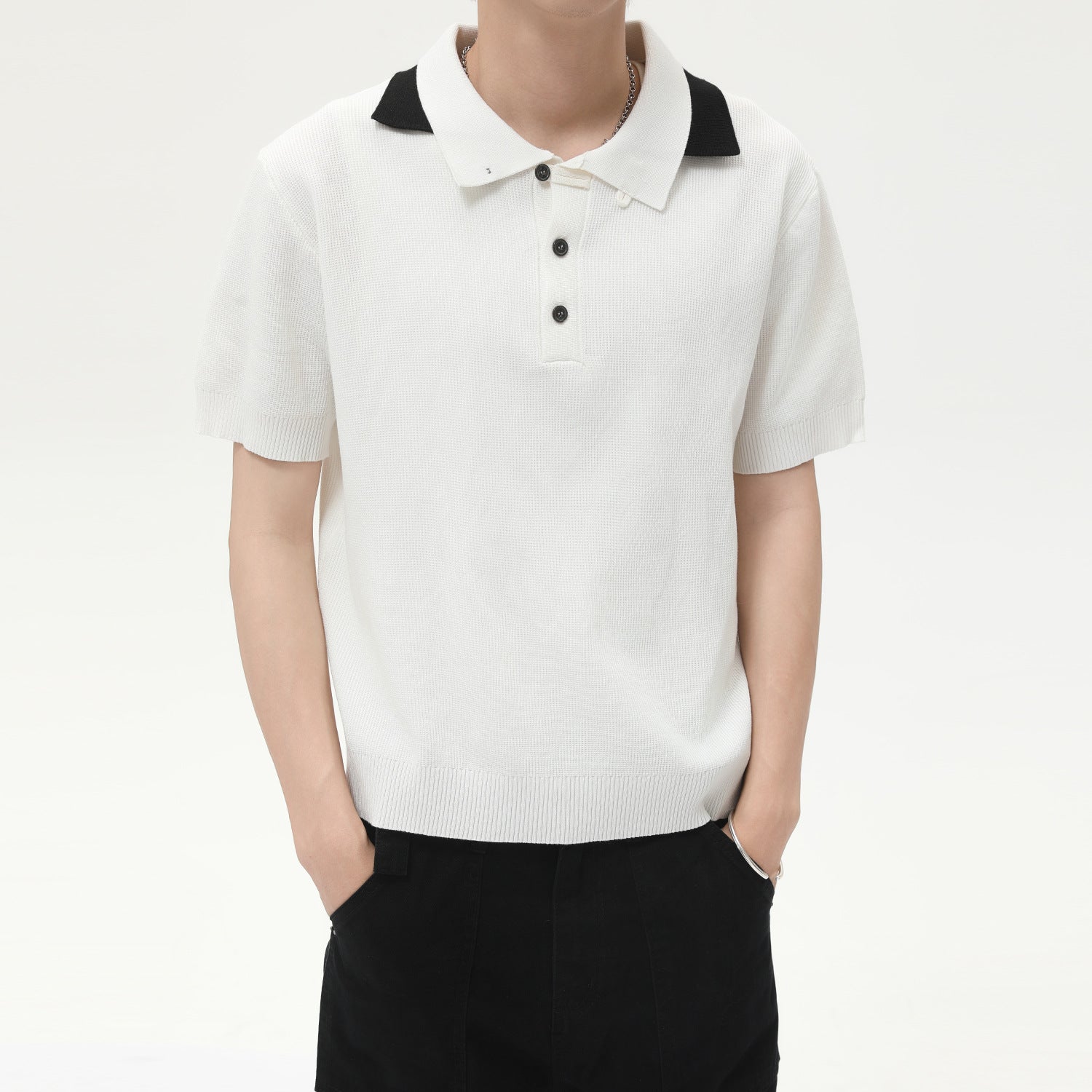 MTLCLOTHES Vintage Spliced Double Neck Knitted Tee