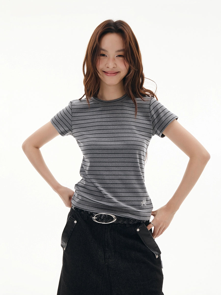 FUNKYFUN Elastic Comfortable Soft Contrasting Striped Slim Tee