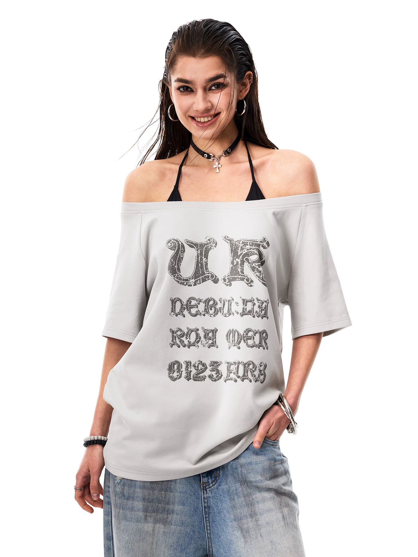 0123Start Diagonal Shoulder Contrasting Loose Tee