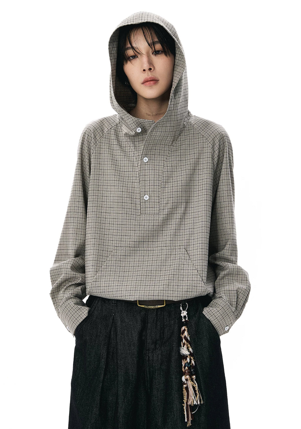 Sameuoo Hem Drawstring Hooded Plaid Long-sleeved Shirt