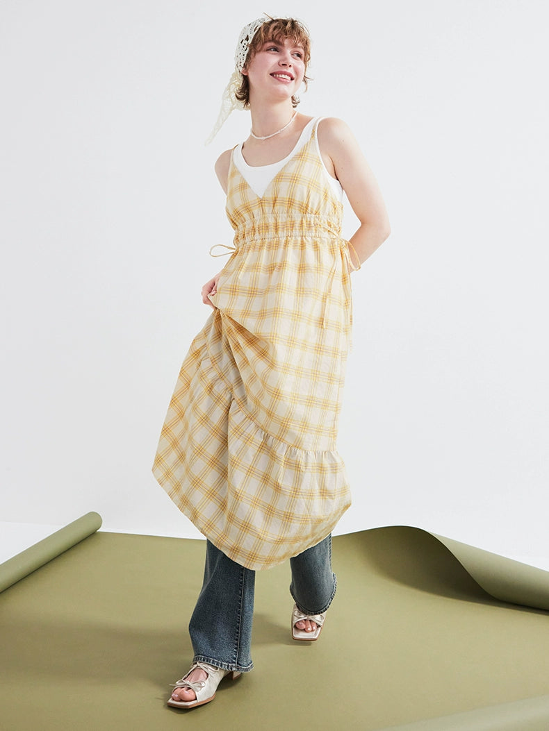 GU Plaid Suspender Dress V-neck Bow
