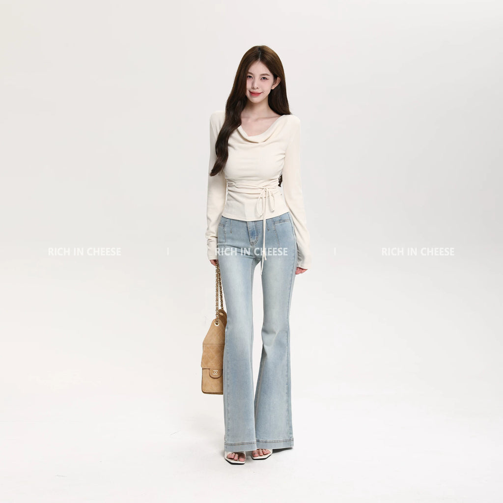 RICH IN CHEESE Waist Fold Temperament Swing Neck Long Sleeve
