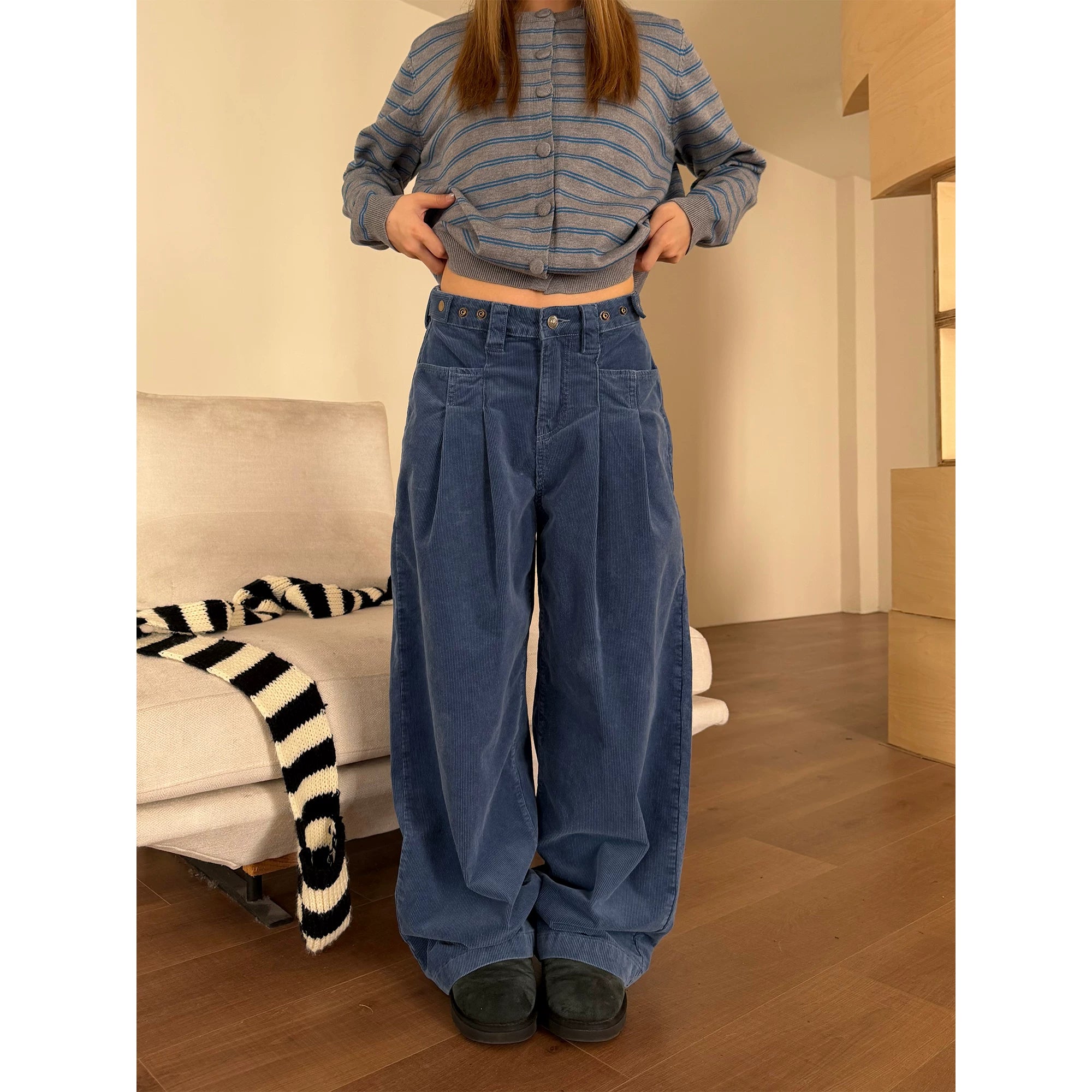 CCYE Corduroy Adjustable Waist Wide Leg Pinch-pleated Casual Pants
