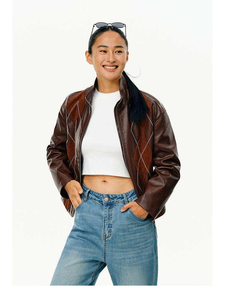 ATRY Retro Ruffian Handsome Rhombus Stitched Suede PU Locomotive Jacket