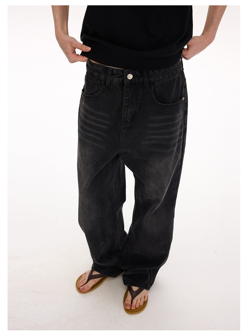 (Clearance) UNF 13.5oz Blockbuster Washed Old Cat Whiskers Baggy Bull Wide Leg Black Jeans