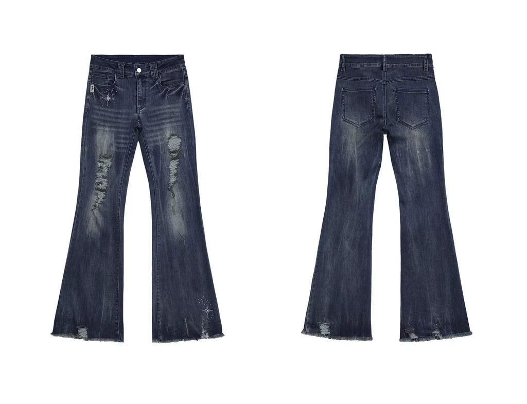 FUZZYKON Low Waist Flashing Hot Drilling Ripped Horn Jeans