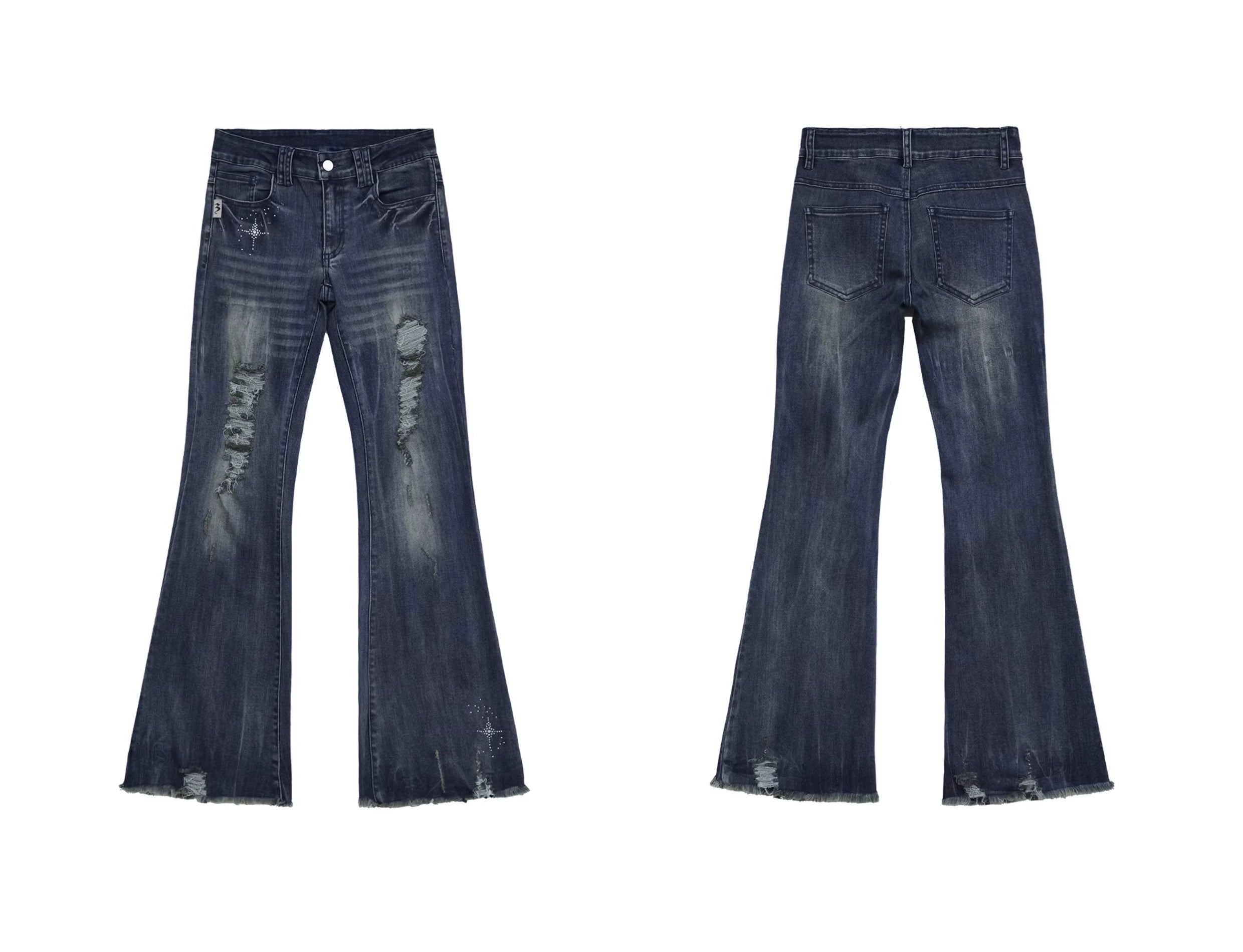 FUZZYKON Low Waist Flashing Hot Drilling Ripped Horn Jeans