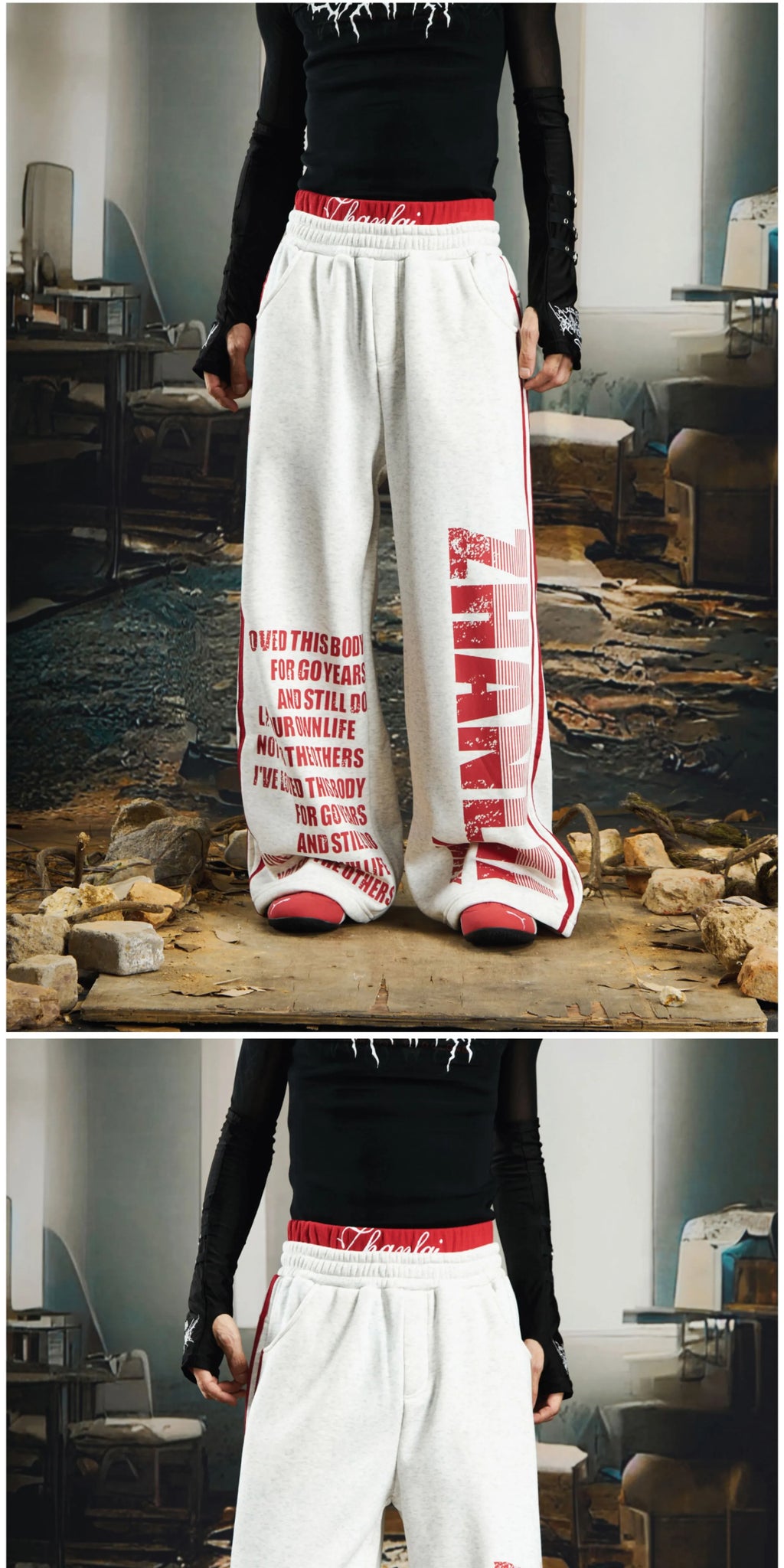NOMANIAI Double Waist Contrasting Color English Printed Loose Sweatpants
