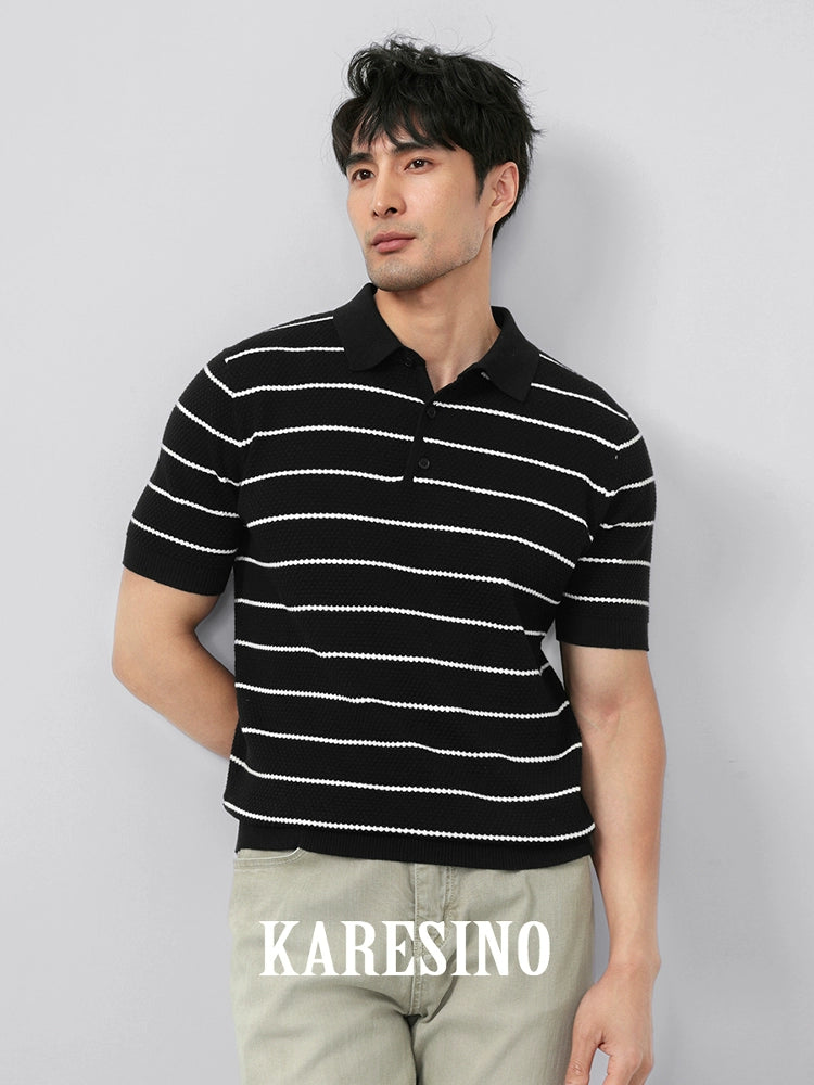 KARESINO Breathable Lapel Striped Polo Knitted Sweater