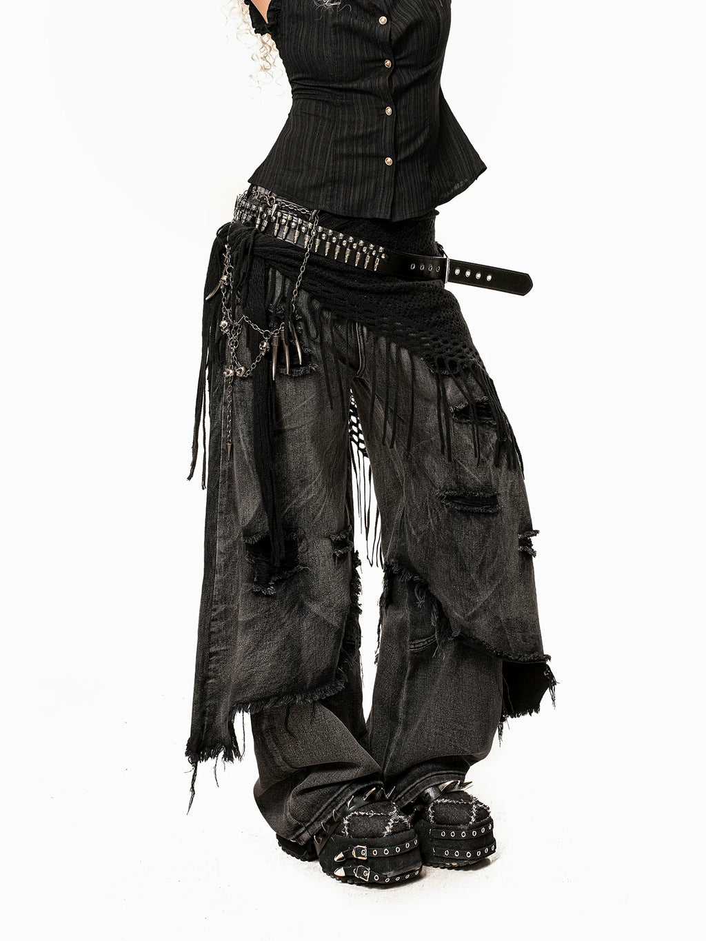 Arielink Wide Leg Old Ripped Jeans