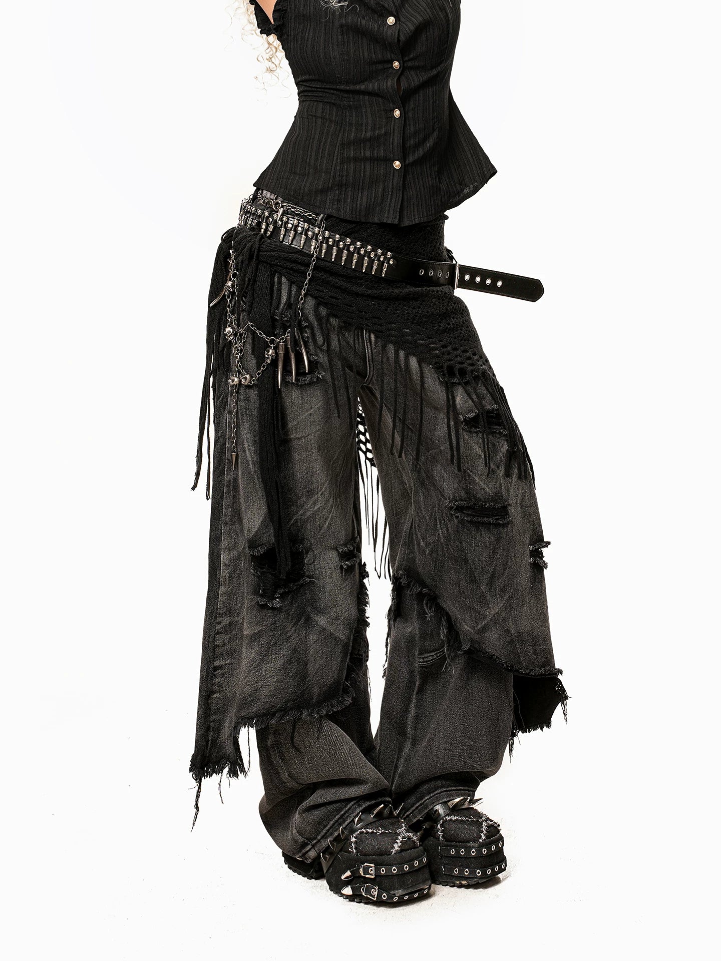 Arielink Wide Leg Old Ripped Jeans