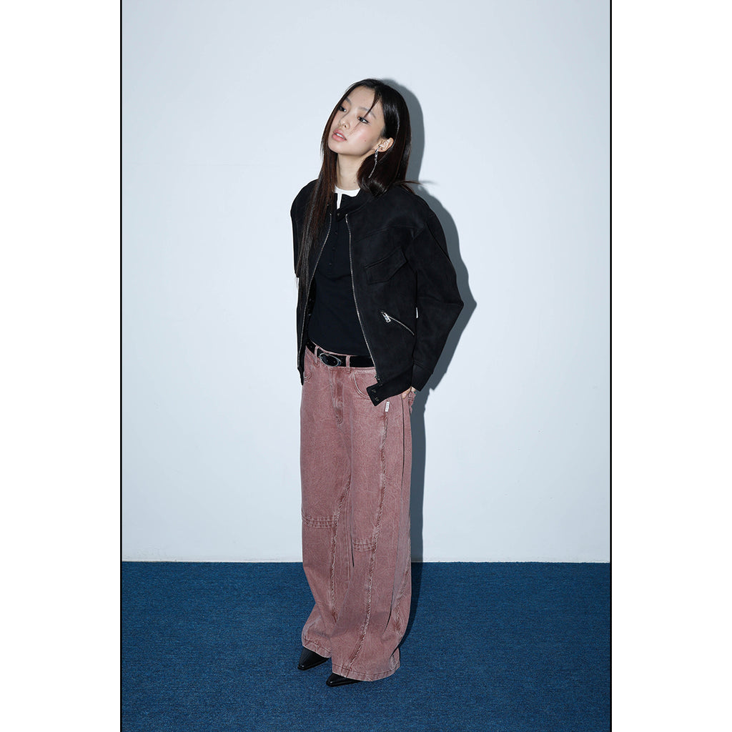 FUNKYFUN 2024AW black suede small stand-up neck zipper loose jacket jacket