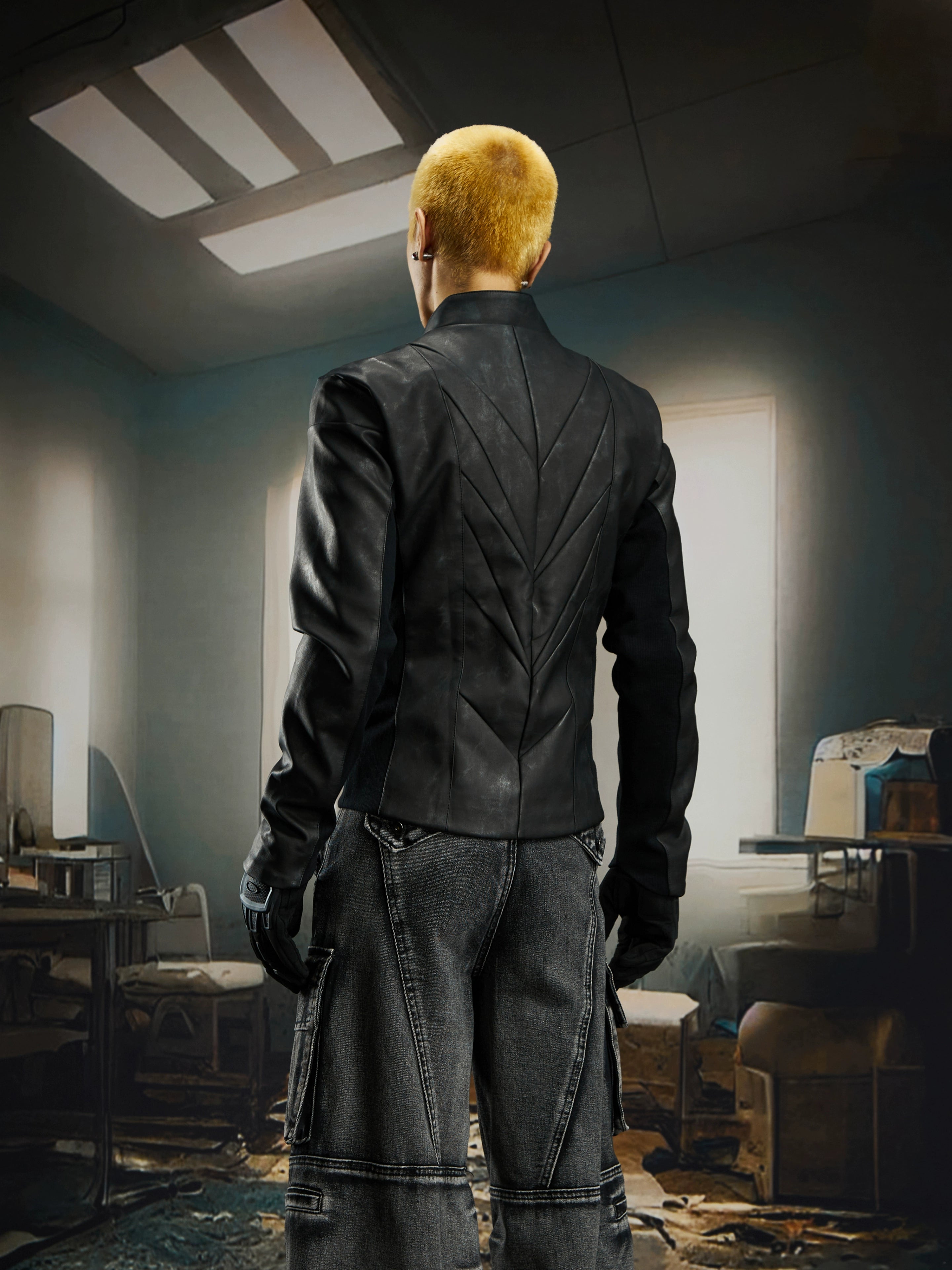 NUndefined Line Slim-Fit Short Stand-Up Neck Zipper Leather Jacket