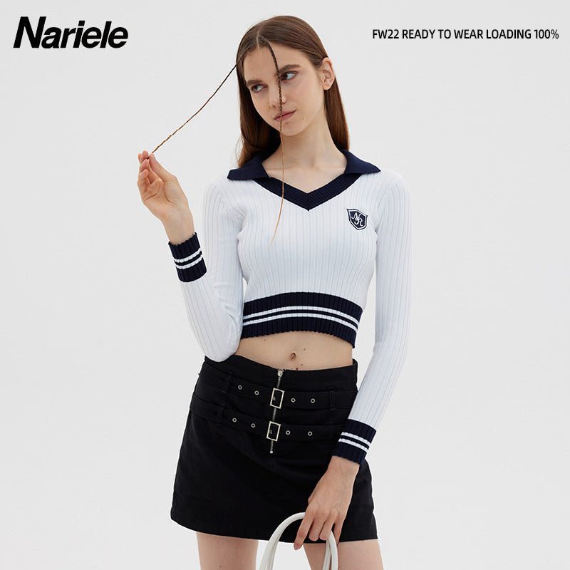 Nariele College Knitted Lapel Contrast Top