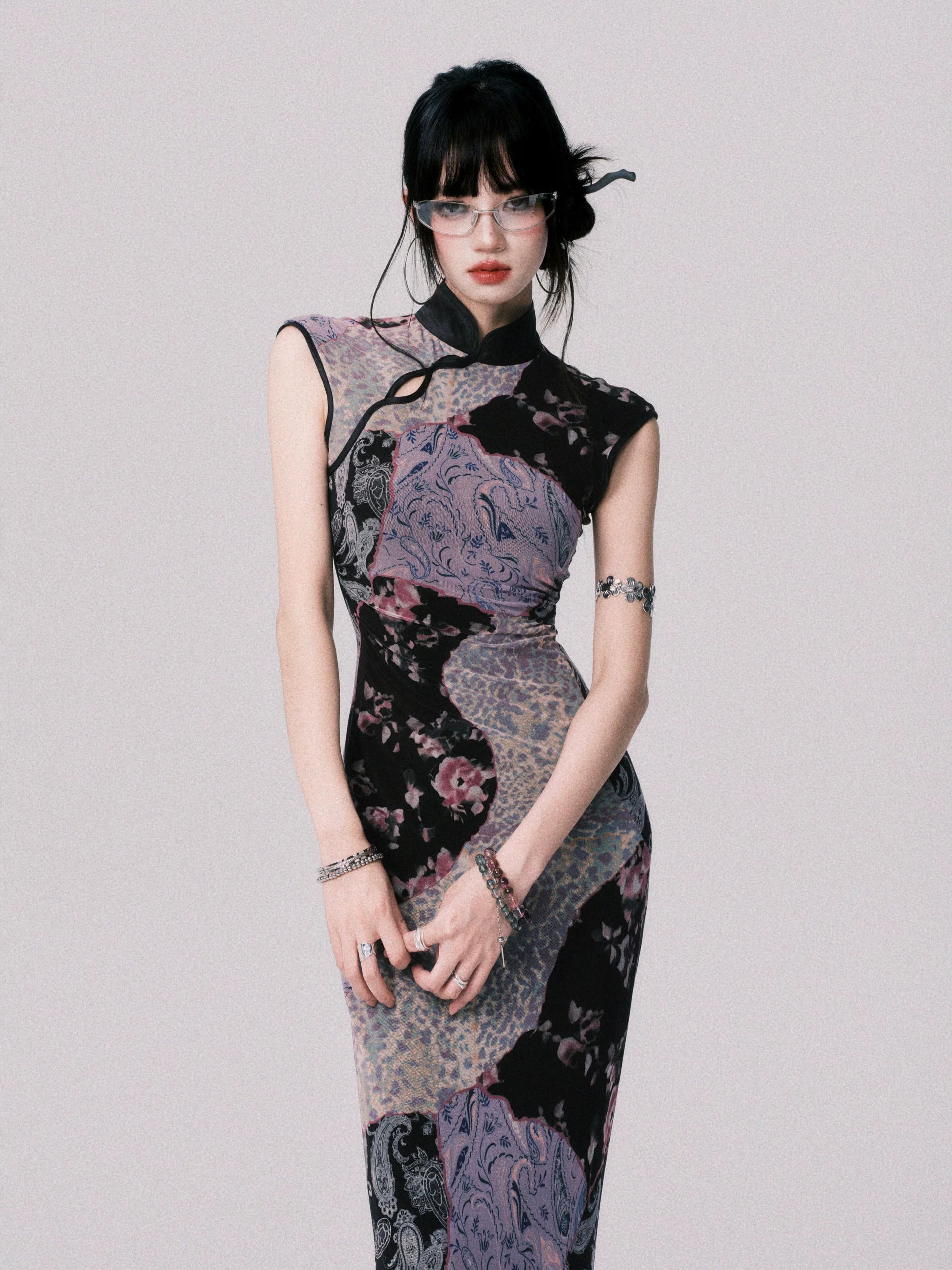LULUSWINGS Stitching Contrasting Color Elastic Cheongsam Dress
