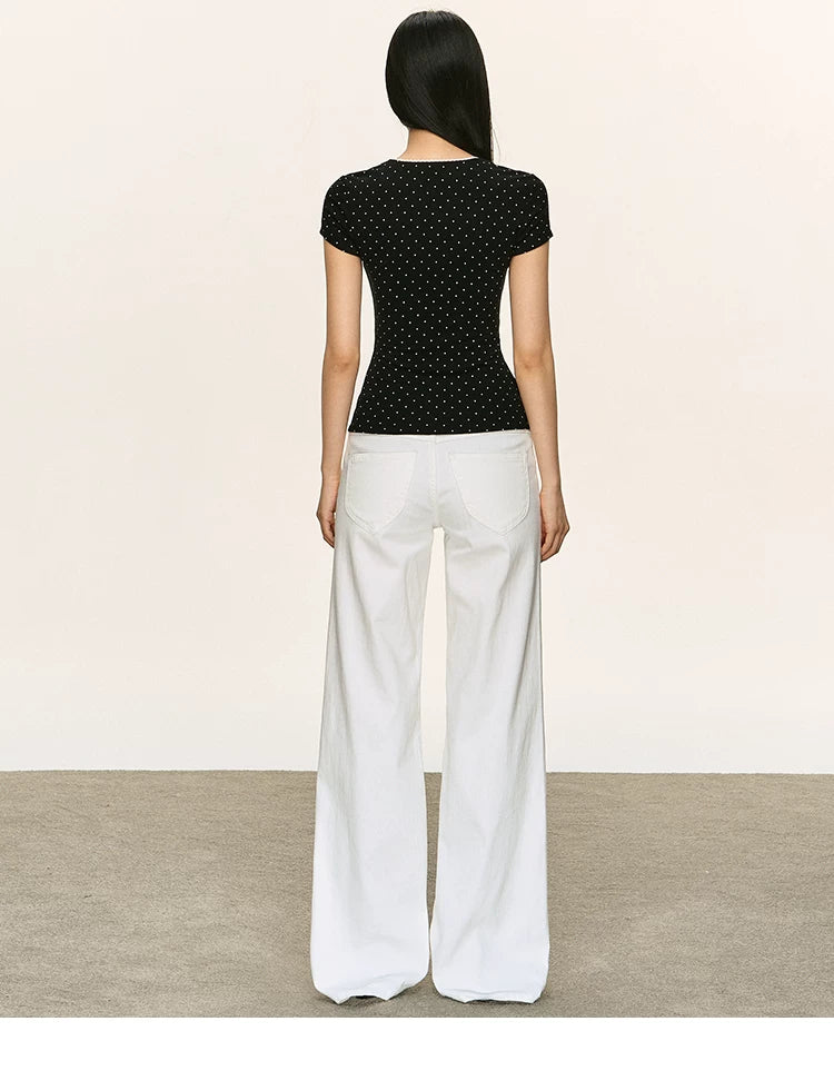 Anna Aneae Polka Dot Lace Edge Square Collar Slim  Tee