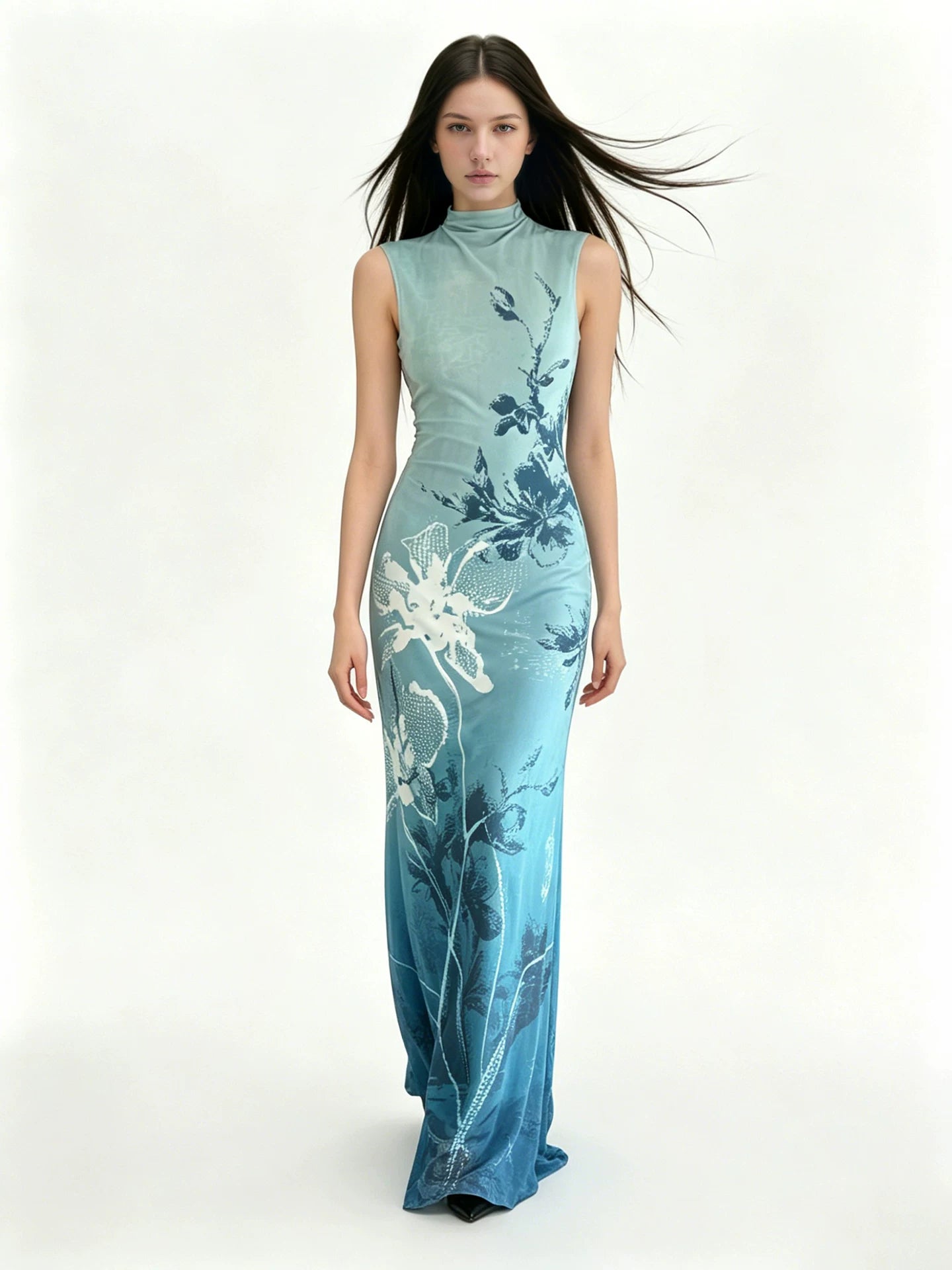 FUNOFF Retro Floral Gradual Change Waist Cheongsam Dress