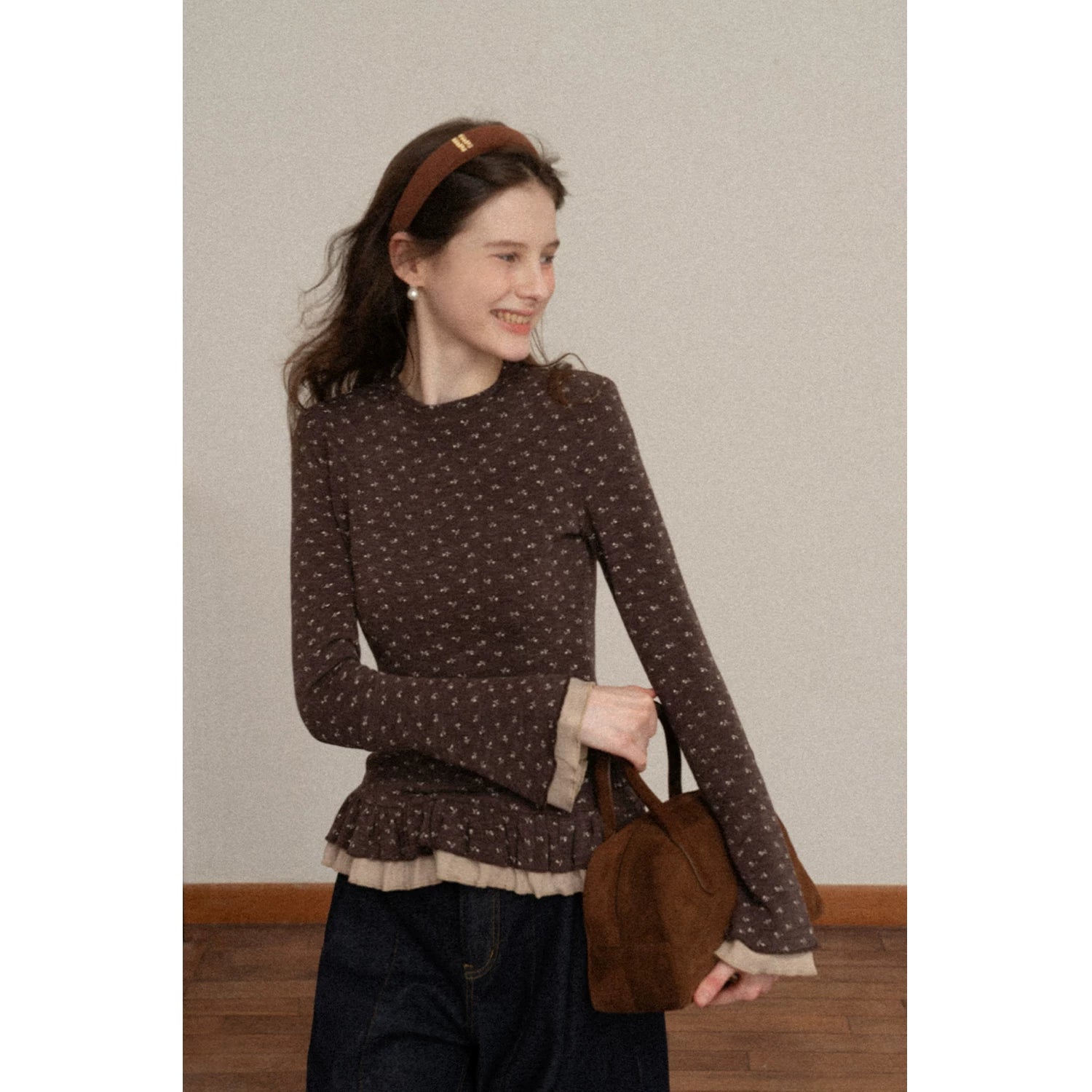 EGGKA Double-layer Lace Polished Floral Slim-fit Long Sleeves