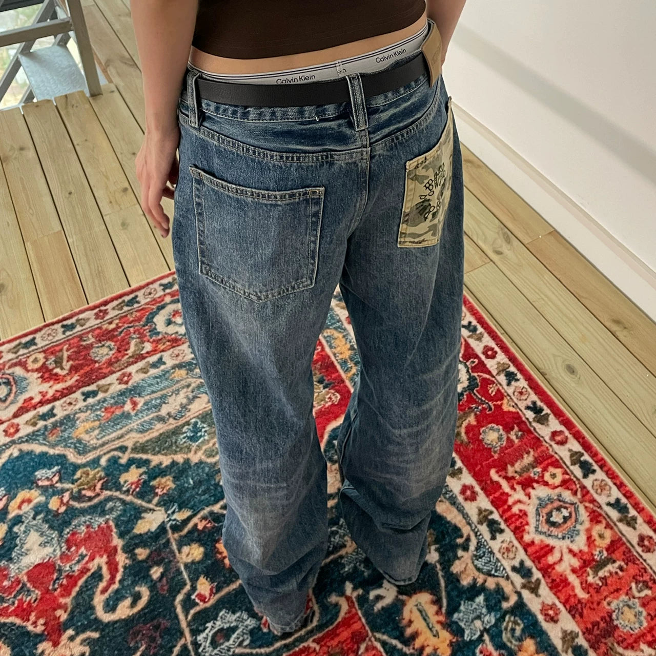 MMBBT Ripped Splicing Embroidered Straight Jeans