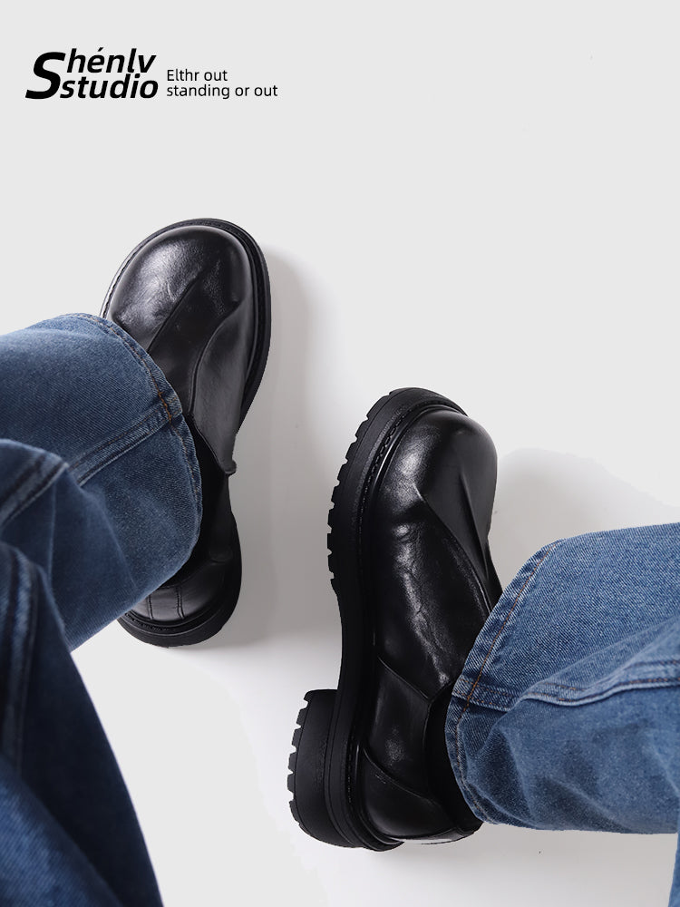 SHENLV STUDIO Asymmetrical Hand-pleated Thick-soled Heightening Leather Shoes