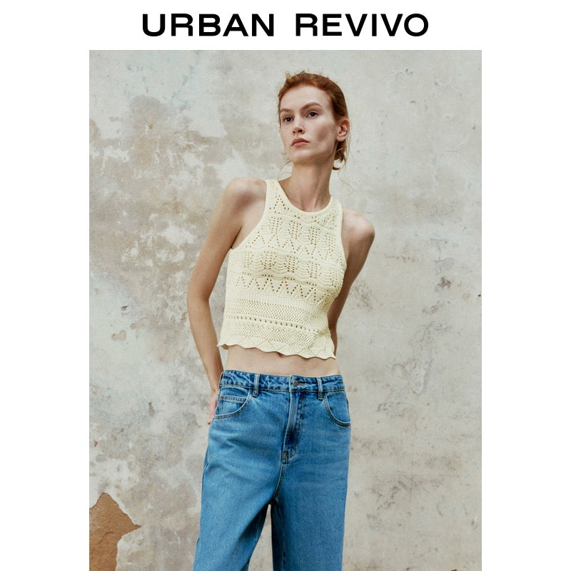 URBAN REVIVO Lazy Crochet Wavy Edge Sleeveless Knitted Sweater