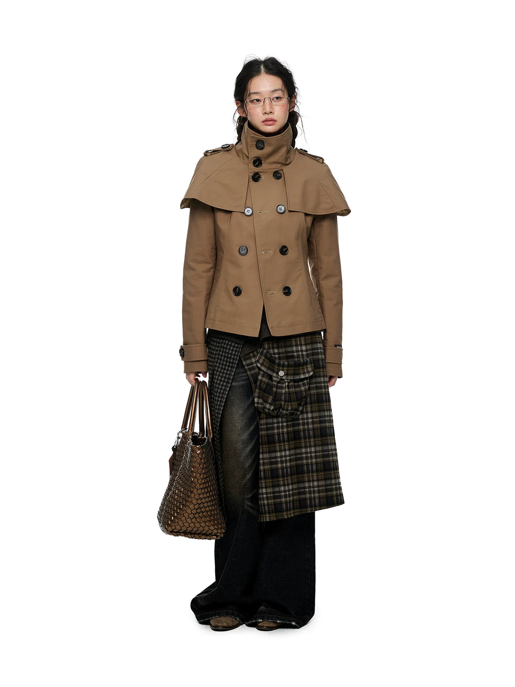 JIKOO Contrasting Color Splicing Plaid Skirt