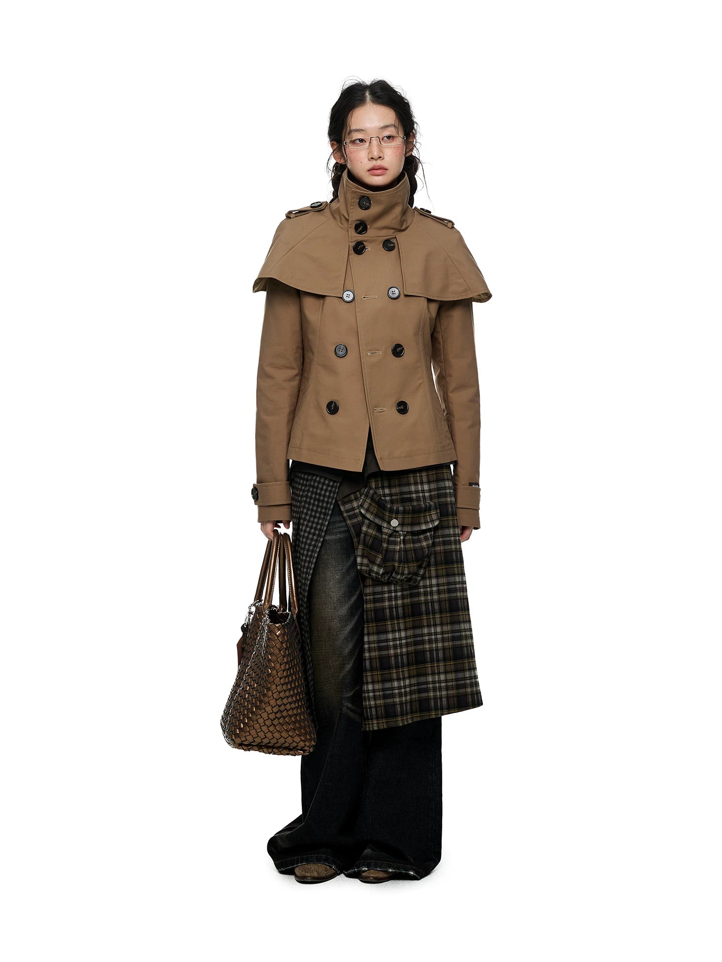 JIKOO Contrasting Color Splicing Plaid Skirt